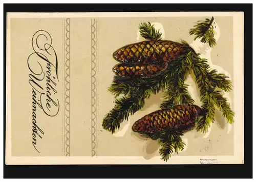Carte de Noël avec des pommes de pin avec neige sur la branche, OPLADE 23.12.1914
