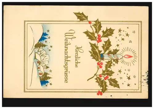 Prägekarte Weihnachten Tannenzweig Kerze Winterlandschaft, MÜNSTER 22.12.1943