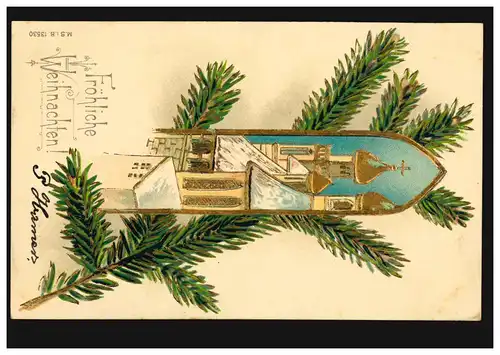 Carte de Noël Tour de l'église avec croix et branches de sapin, VORST 24.12.1905