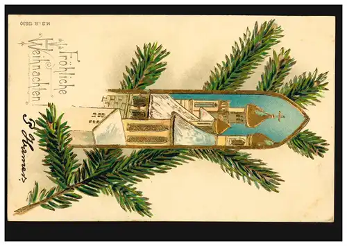 Prägekarte Weihnachten Kirchturm mit Kreuz und Tannenzweig, VORST 24.12.1905