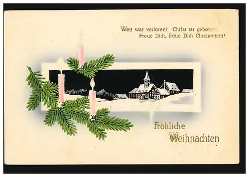 Prägekarte Weihnachten Kerzen Kirche im Schnee, WESTRHAUDERFEHN 23.12.1913