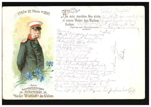 Ansichtskarte Zum 100. Geburtstag Kaiser Wilhelm der Große, EUPEN 1897