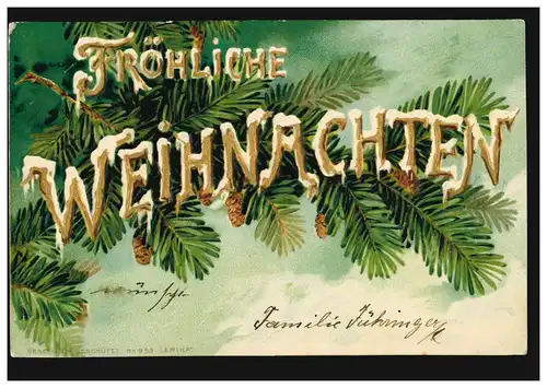 Carte de pré-repas Joyeux Noël sapin avec des pommes de pin, VIENNE 23.12.1901