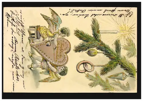 Prägekarte Fröhliche Weihnachten Engel mit Lebkuchenherz, MÜNCHEN 23.12.1904