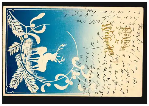 Carte de Noël Joyeux cerfs et trèfle chanceux, couru 1907