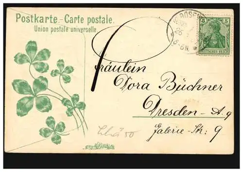 Carte de Noël Joyeux cerfs et trèfle chanceux, couru 1907