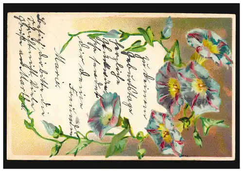 Prägekarte Glückwünsche Blumengirlande mit Glockenblumen, HEMMERDE 15.7.1905