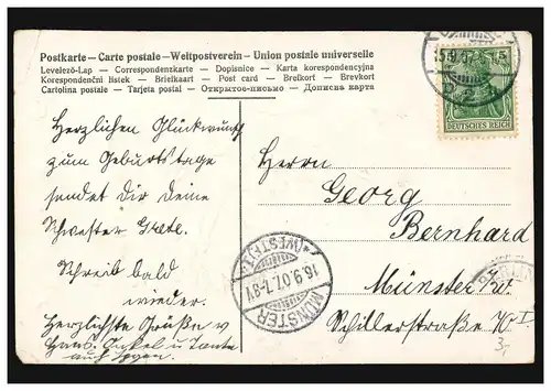 Carte de prédilection Félicitations Poème de Remplir corne de fleurs, selon MÜNSTER 16.9.1907