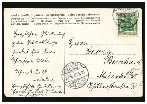 Prägekarte Glückwünsche Gedicht Füllhorns Blütenpracht, nach MÜNSTER 16.9.1907