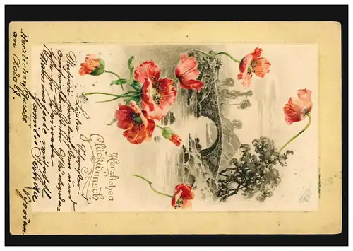 Prägekarte Glückwünsche Landschaft mit Brücke und Blumen, WIEN 3.11.1903