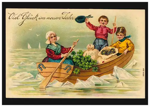 Prägekarte Neujahr Kinder im Ruderboot bringen Glücksklee und Geld, RASTEDE 1909