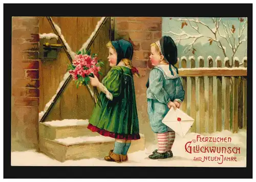 Carte de l'année Nouvel An Filles et les garçons apportent les salutations du Nouvel an, SANkt TÖNIS 31.12.09