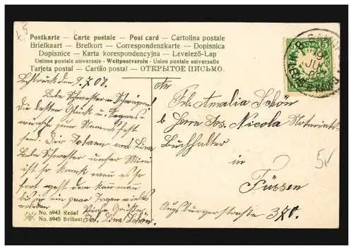 Prägekarte Kinderspiel Junge mit Eselskappe, in Goldfassung, Bahnpost 9.9.1908