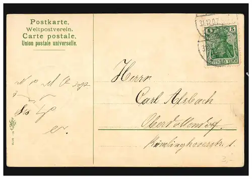 Carte de l'année: Ciche dans le paysage hivernal au médaillon, BONN 31.12.1907