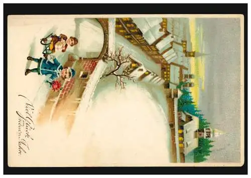 Carte de l'année Nouvel An Fille et garçon avec traîneau, GREVENBROICH 31.12.14