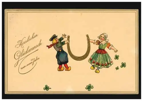 Carte de l'année Nouvel An Fille et garçon avec fer à cheval, BERLIN 31.12.1913