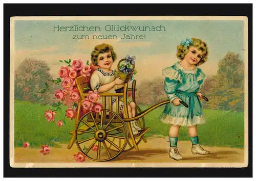 Carte de l'année Nouvel An Deux filles avec charrette et fleurs, couru 20.12.1914