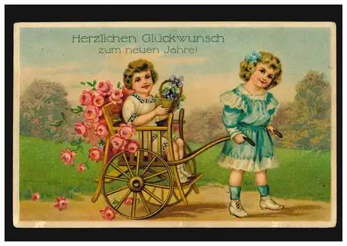 Prägekarte Neujahr Zwei Mädchen mit Holzwagen und Blumen, gelaufen 20.12.1914