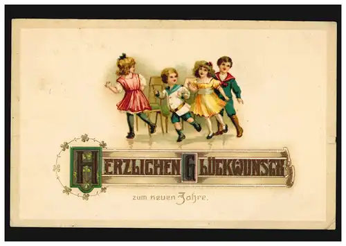 Prägekarte Neujahr Tanzende und spielende Kinder, ERBENHEIM 1.1.1915