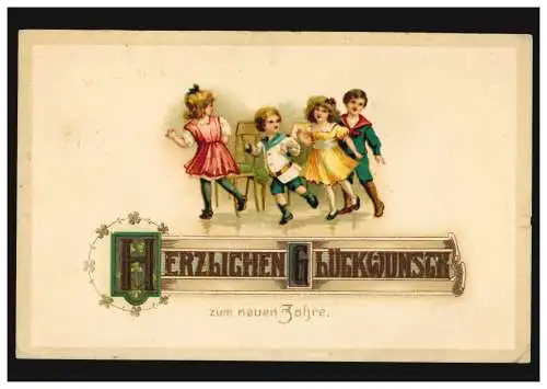 Prägekarte Neujahr Tanzende und spielende Kinder, ERBENHEIM 1.1.1915