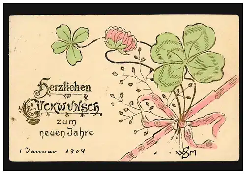 Prägekarte Neujahr Glücksklee mit Blume verbunden, HAMBURG 31.12.1903