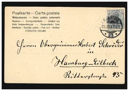 Carte de l'année Nouvelle Chance Trèfle liée à la fleur, HAMBURG 31.12.1903