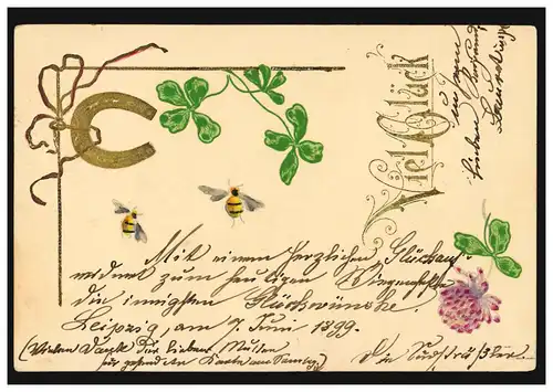 Carte de prédilection Félicitations fers à cheval avec trèfle chanceux et abeilles, LEIPZIG 1.6.1899