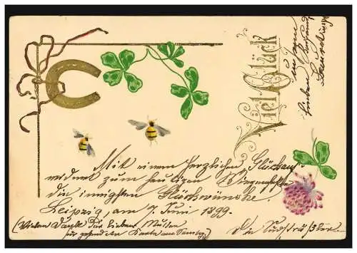 Carte de prédilection Félicitations fers à cheval avec trèfle chanceux et abeilles, LEIPZIG 1.6.1899