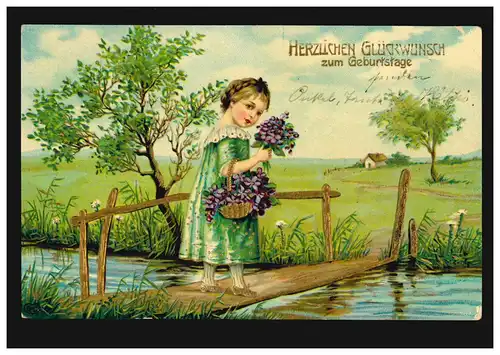 Carte de prévis fille avec panier de fleurs sur poutre en bois en or, couru 1910