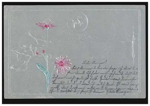 Carte d'argent avec soleil / fleurs, HÔPITAL NORD 16.9.1904 vers Leipzig