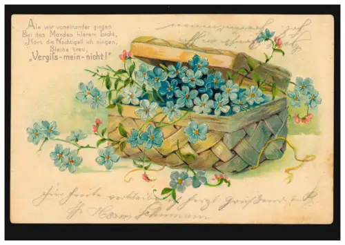 Prägekarte Vergiss-mein-nicht! Blumen-Koffer mit Gedicht, LEISNIG 17.1.1905