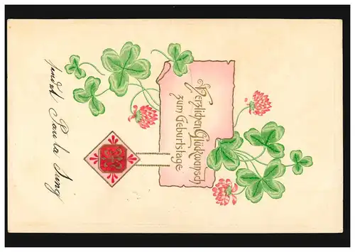 Carte d'anniversaire lettre avec girland de trèfle chance, couru 1909