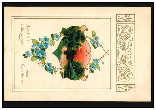 Carte d'anniversaire Paysage au coucher du soleil Girl fleur HILGEN 1910