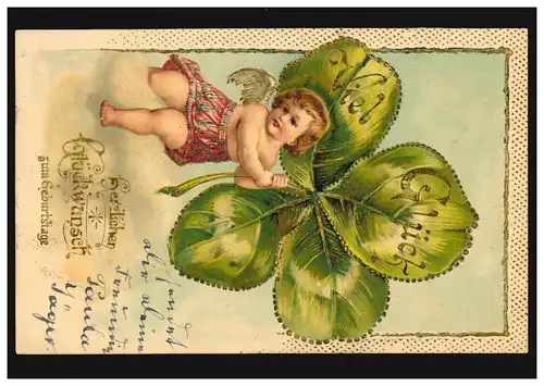 Carte d'anniversaire de fille avec trèfle chanceux en or, HILGEN 1.8.1904
