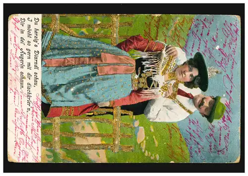 Carte de l'amour bavarois avec poème en or, MUNICH 11.6.1905