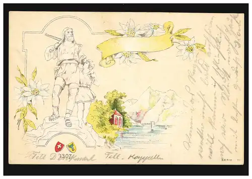 Prägekarte Wilhelm Tell mit Knappe und Tellkapelle, SISIKOM (URI) 3.10.1905