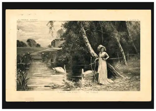 Carte de présentation Dans Le Parc: une femme nourrit des cygnes, CÖLN 11.8.1910