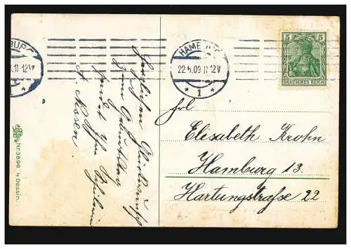 Prägekarte Glückwünsche Blühenede Kirschbäume in Goldfassung, HAMBURG 22.5.1909