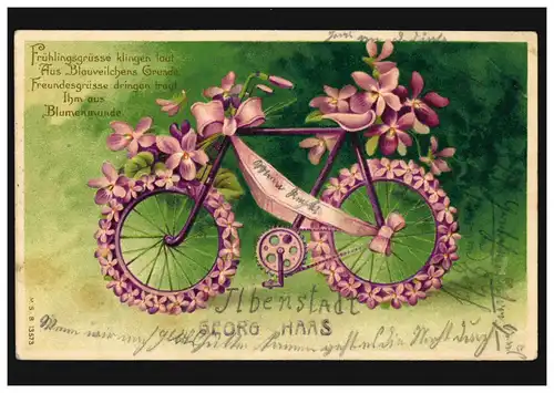Carte de prédilection Poème Les salutations de printemps sonnent à haute voix / vélo de fleurs, FRIEDBERG 1906
