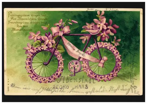 Prägekarte Gedicht Frühlingsgrüsse klingen laut / Blumenfahrrad, FRIEDBERG 1906