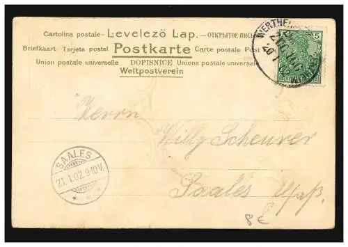 Prägekarte Mädchenbildnis im Medaillion, Bahnpost WERTHEIM-MERGENTHEIM 20.1.1902