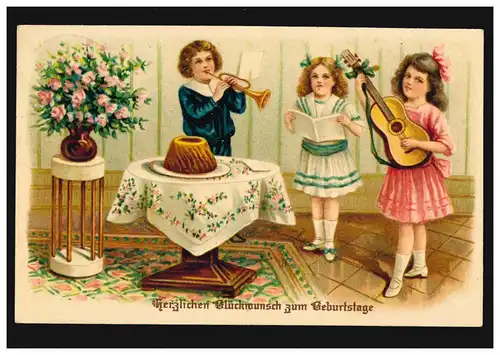 Carte d'anniversaire de la trompette pour enfants guitare musicale, DERENBURG 3.12.1913