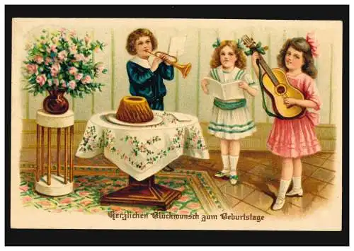 Prägekarte Geburtstag Musizierende Kinder Trompete Gitarre, DERENBURG 3.12.1913