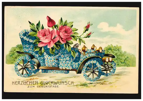 Prägekarte Geburtstag Auto aus Blumen mit Rote Rosen, TENTE / LENEPP 19.4.