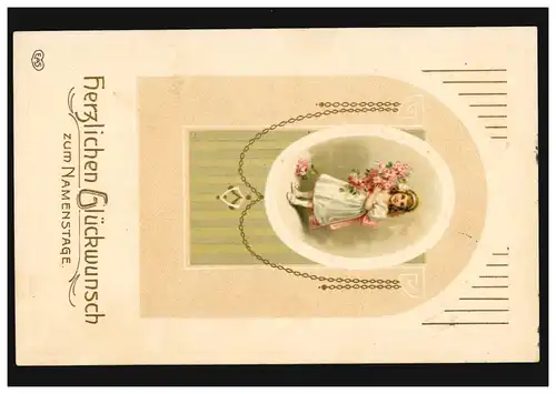 Carte de prénom Fille avec bouquet de fleurs dans le médaillon, RASTEDE 3.3.1913