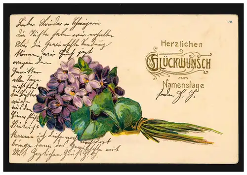 Carte de prénom Jour du violon bouquet de fleurs en or, couru