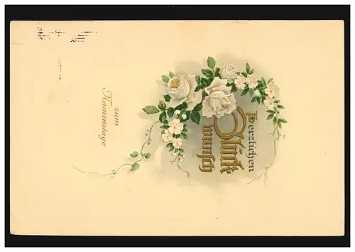 Prägekarte Namenstag Weiße Rosen-Girlande, CRONENBERG 14.9.1915