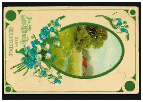 Carte d'anniversaire Paysage dans le médaillon avec bouquet de fleurs, HAMBURG 14.11.14