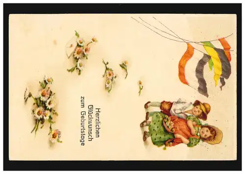 Carte d'anniversaire de fille et de garçon avec drapeaux et fleurs par le poste ferroviaire 1915