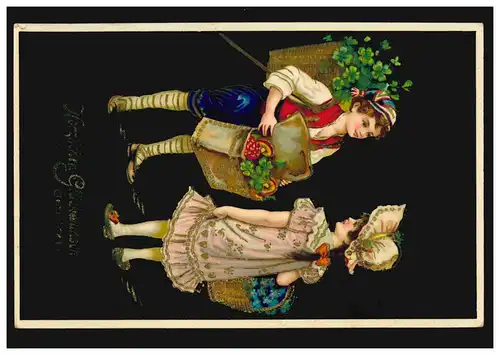 Carte d'anniversaire de fille et garçon avec paniers de fleurs, HILGEN 30.7.1910